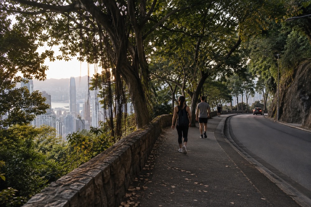 Green hillside walking path above the Hong Kong skyline at the Peak