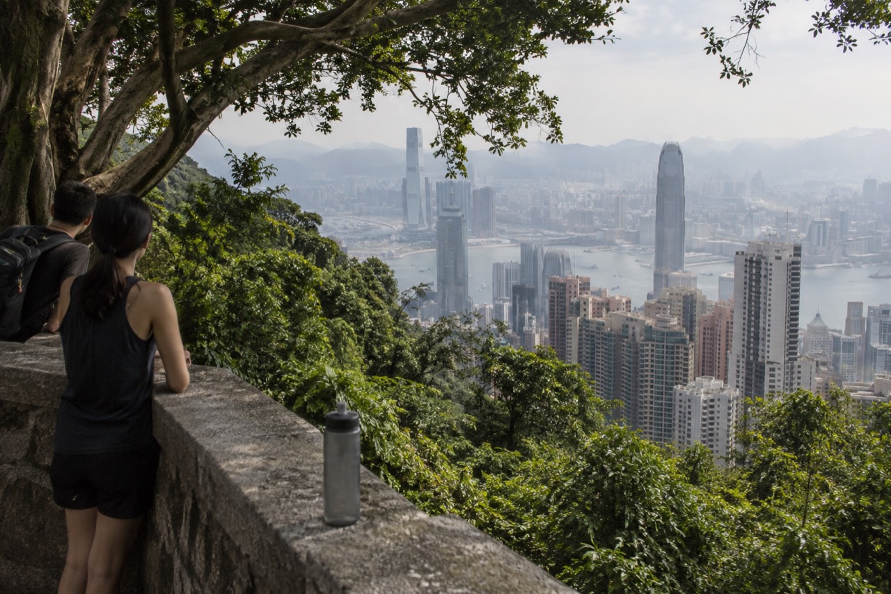 Hong Kong skyline and harbour seen from a free viewpoint on Victoria Peak