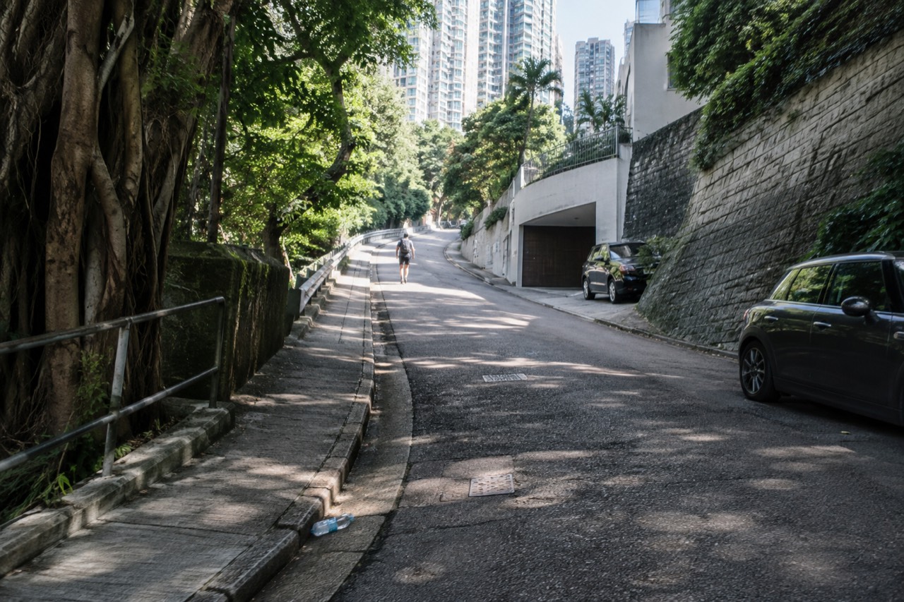 A tree-lined uphill road winding toward the skyline of Victoria Peak on Hong Kong Island