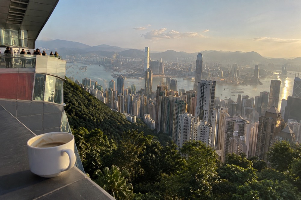 Hong Kong skyline and harbour in daylight seen from a hillside viewpoint