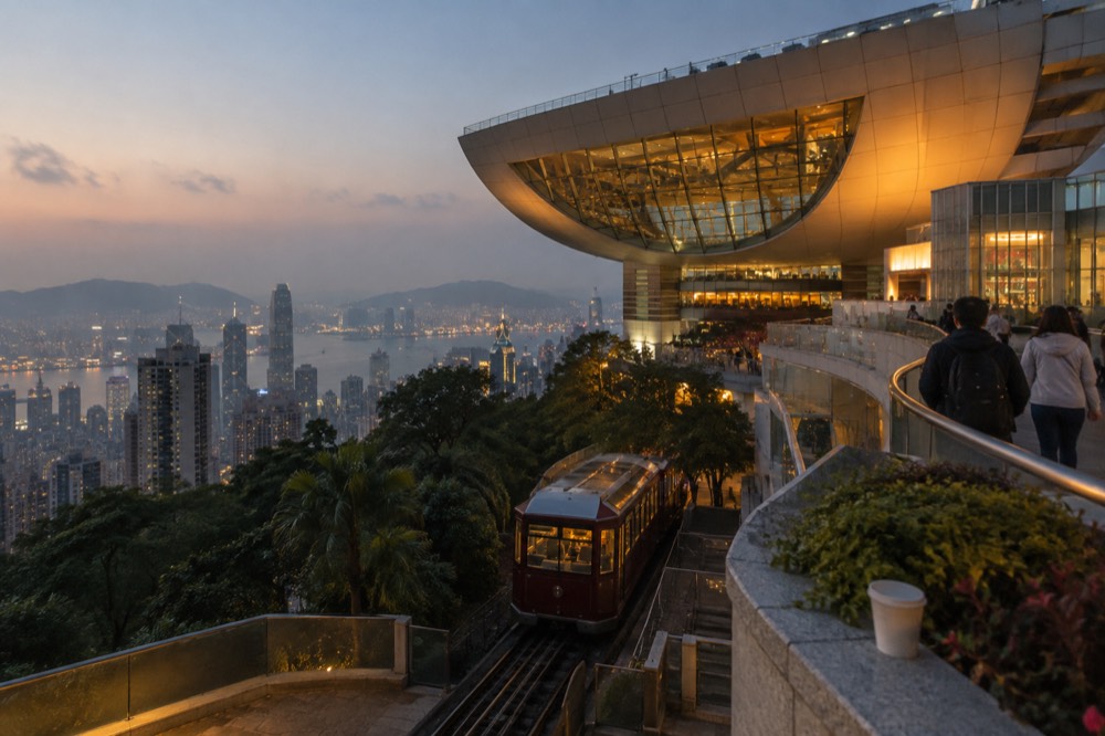 The Peak Tram upper terminus building with the wok-shaped Peak Tower behind it at dusk
