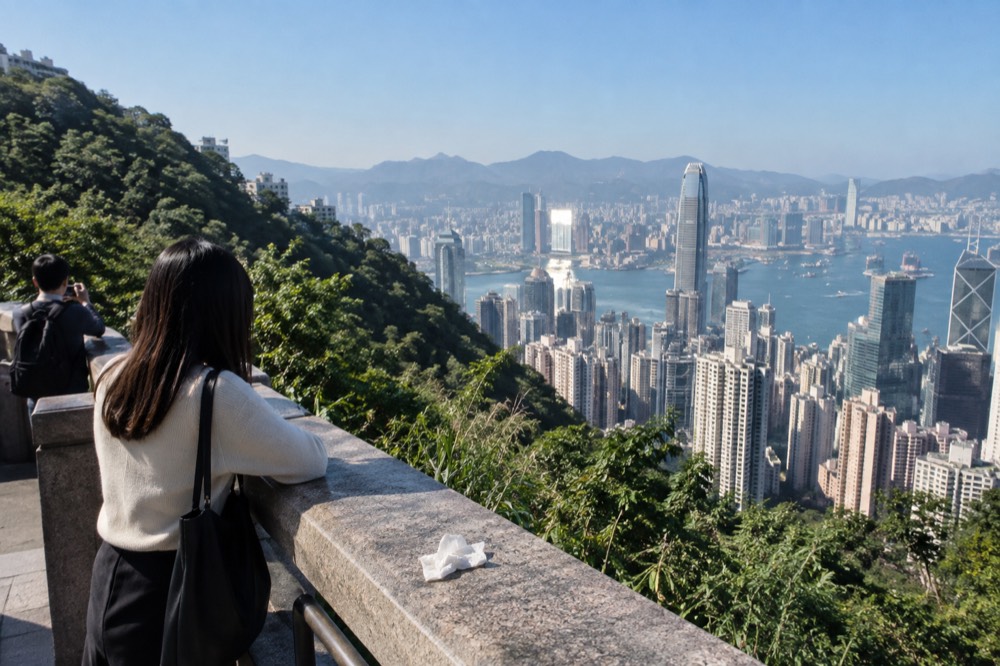 Clear daytime view over Hong Kong Island towers and Victoria Harbour from an elevated Peak viewpoint