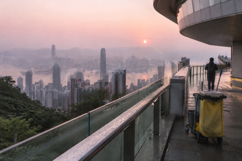 Early morning light over Victoria Harbour with Hong Kong skyline in haze