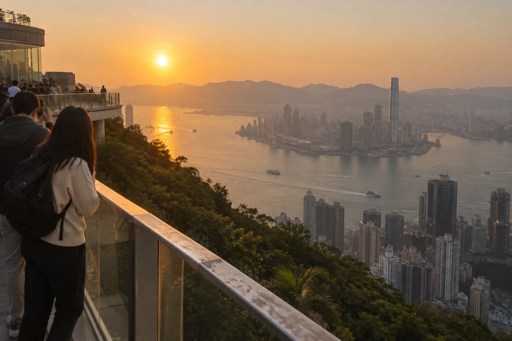 Panoramic city skyline and harbour crossing seen from a rooftop railing at dusk