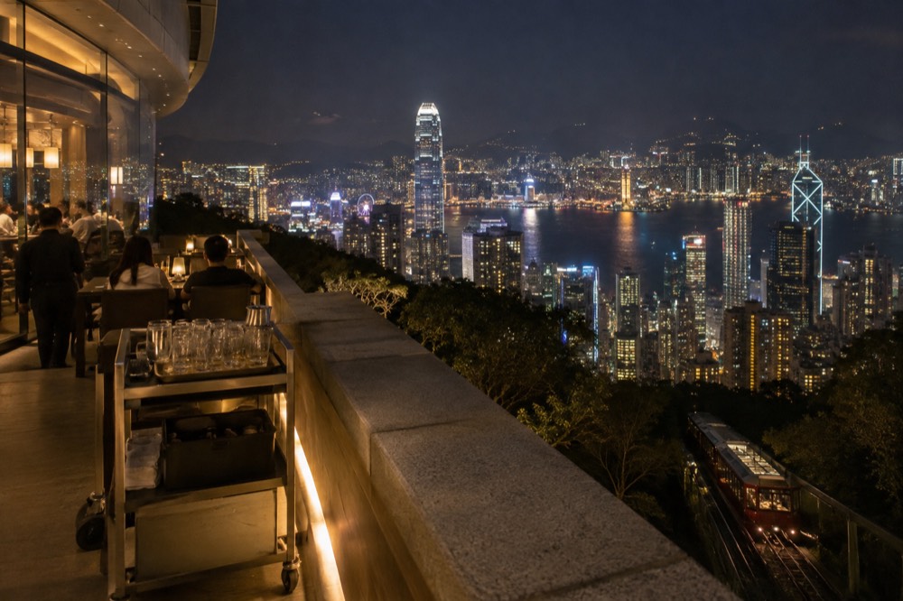 Evening skyline from a terrace as lights come on